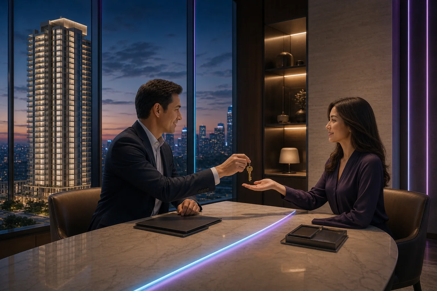 A real-estate professional hands a key to a client in a premium closing room overlooking a high-value residential property.