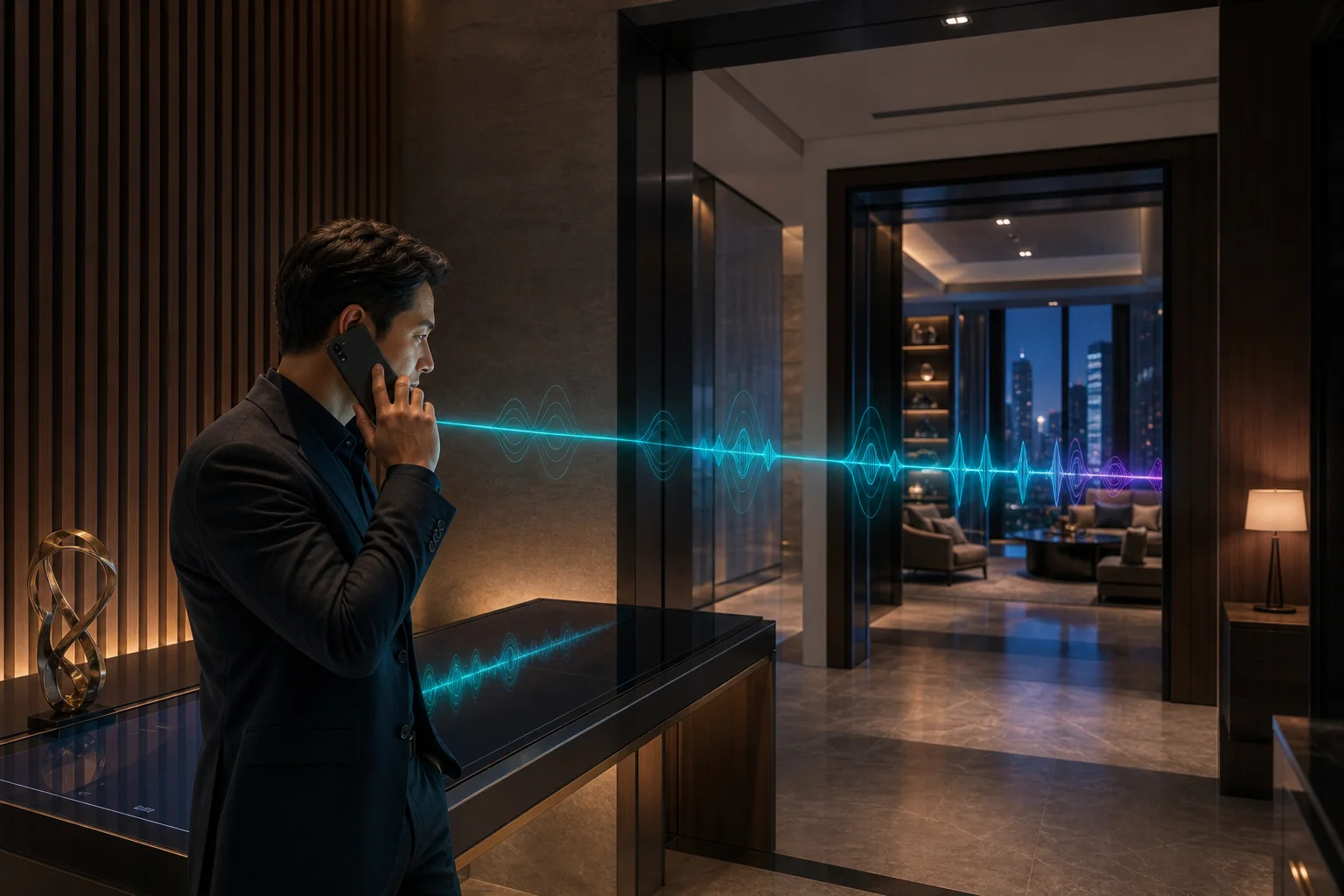 A prospective buyer answers an unbranded phone while a teal voice waveform travels through a refined residential sales environment.